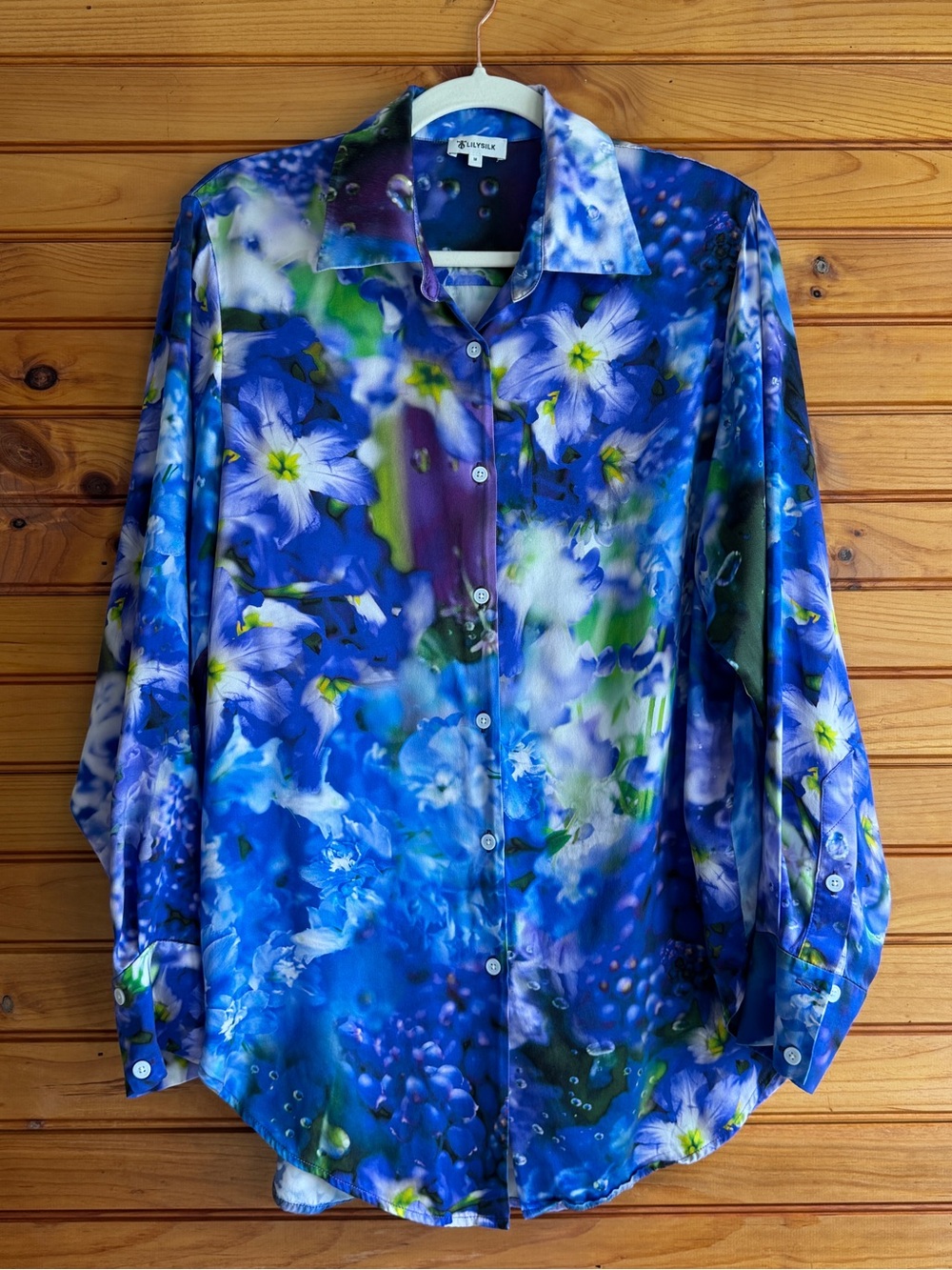 LILYSILK x Mika Ninagawa Lisianthus Hydrangea Silk Shirt M Floral Art Blue